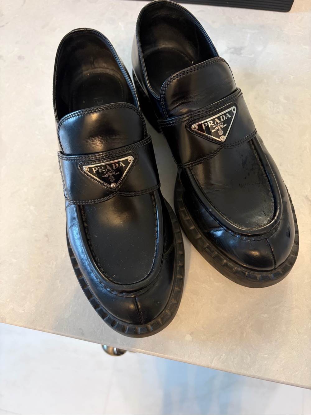 Prada Black Patent Platform Logo Loafers with Triangular Plaque